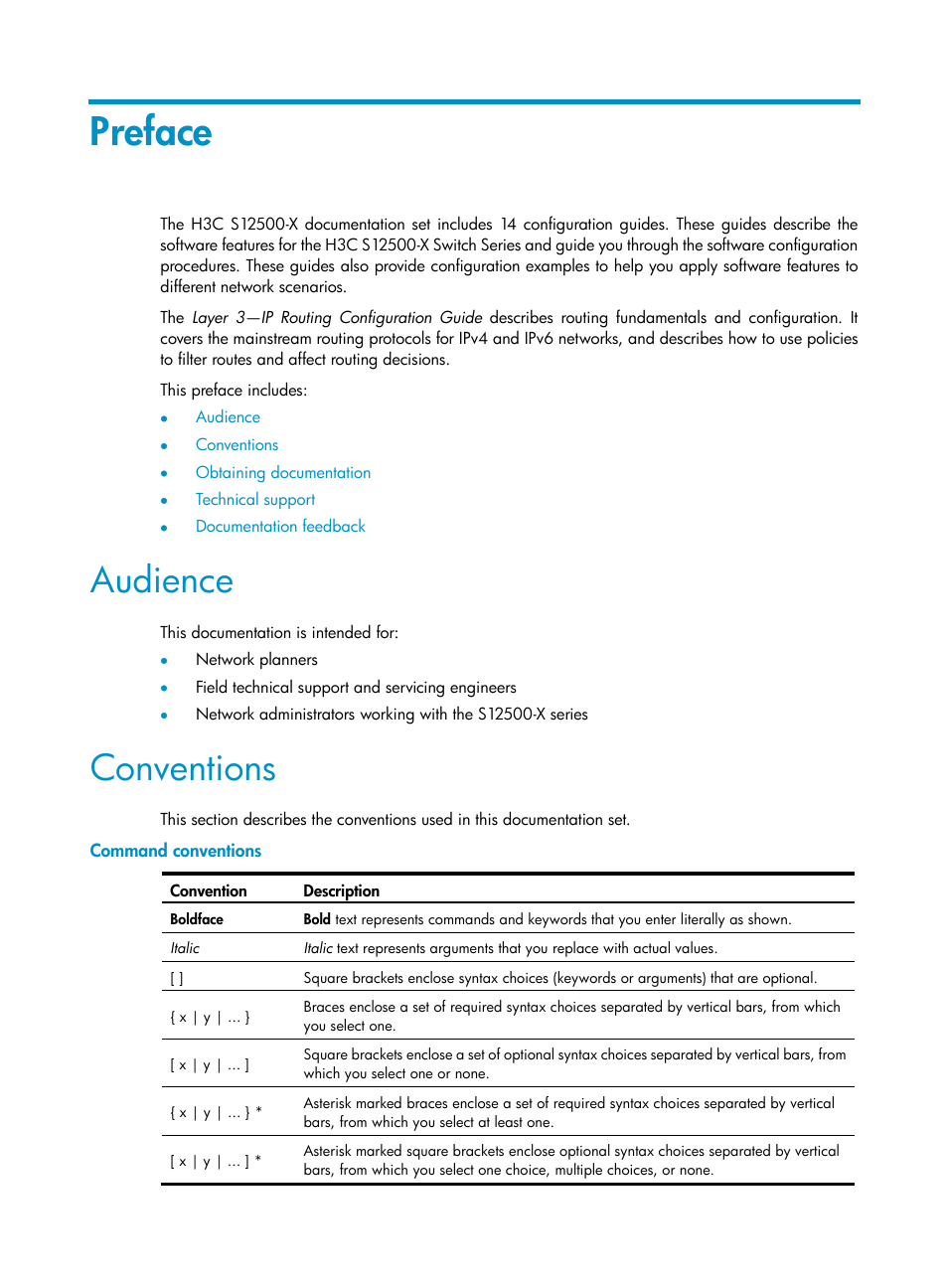 Preface, Audience, Conventions | Command conventions | H3C Technologies H3C S12500-X Series Switches User Manual | Page 3 / 442