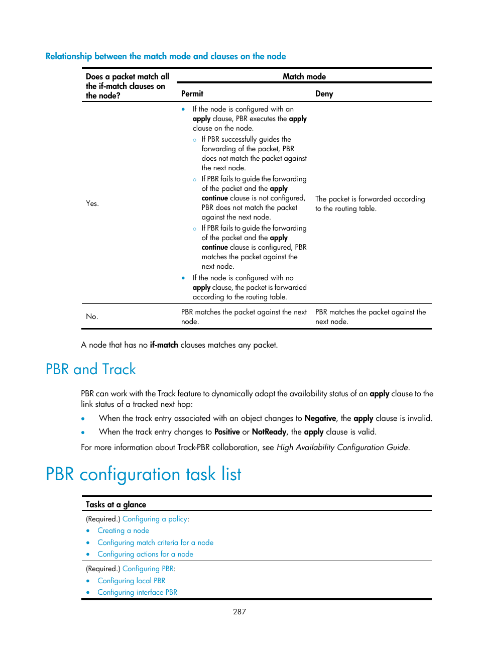 Pbr configuration task list, Pbr and track | H3C Technologies H3C S12500-X Series Switches User Manual | Page 301 / 442