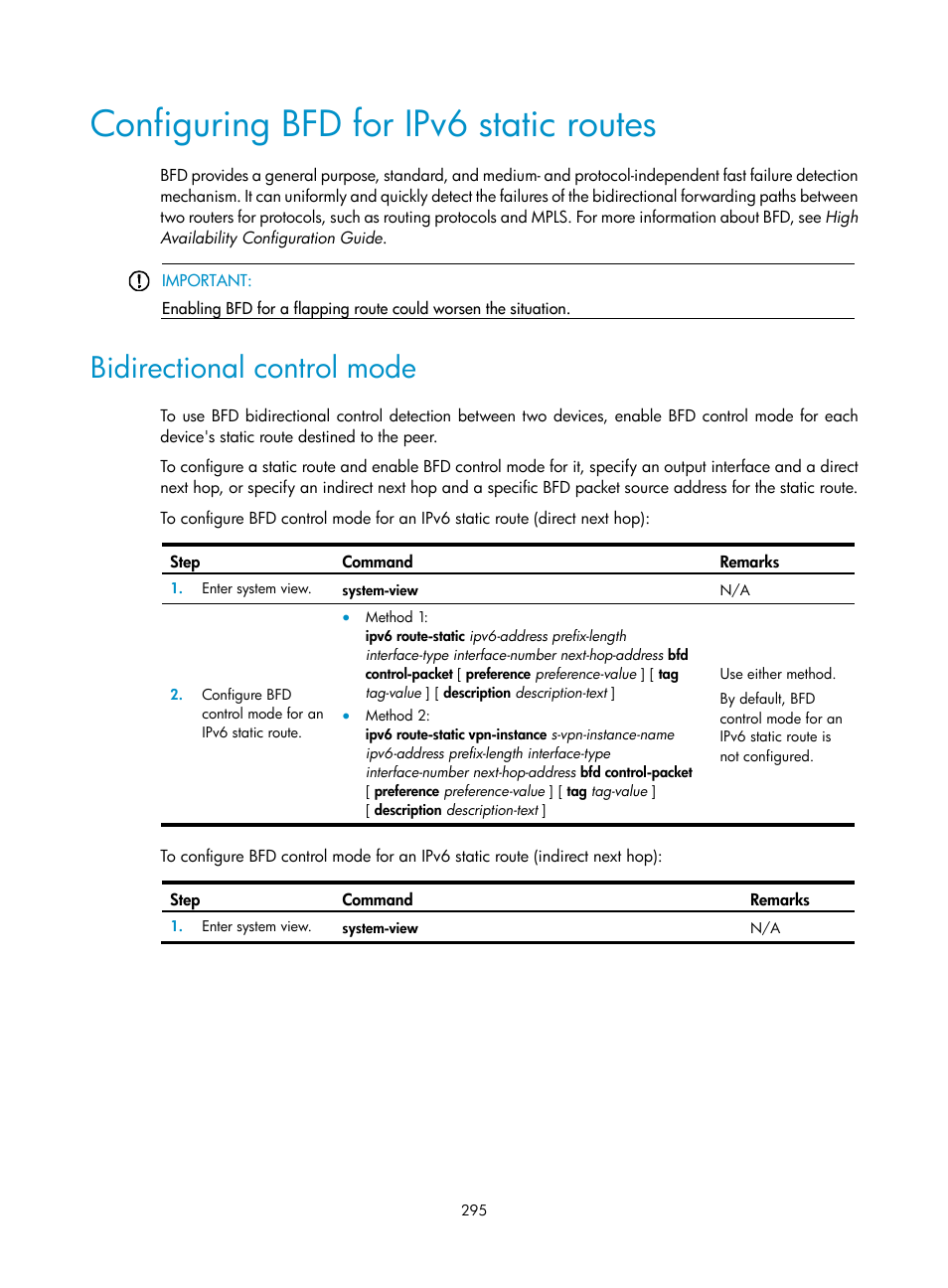 Configuring bfd for ipv6 static routes, Bidirectional control mode | H3C Technologies H3C S12500-X Series Switches User Manual | Page 309 / 442