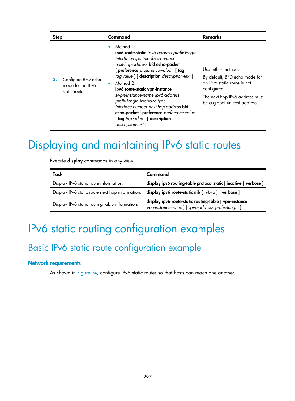 Displaying and maintaining ipv6 static routes, Ipv6 static routing configuration examples, Basic ipv6 static route configuration example | H3C Technologies H3C S12500-X Series Switches User Manual | Page 311 / 442