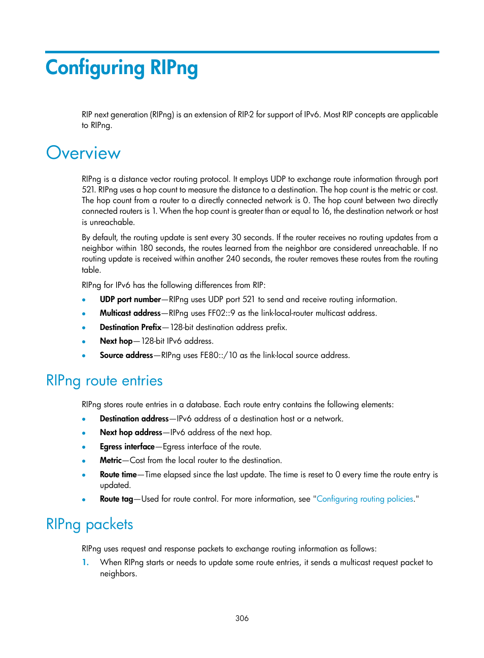 Configuring ripng, Overview, Ripng route entries | Ripng packets | H3C Technologies H3C S12500-X Series Switches User Manual | Page 320 / 442