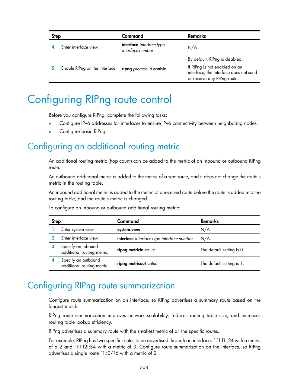 Configuring ripng route control, Configuring an additional routing metric, Configuring ripng route summarization | H3C Technologies H3C S12500-X Series Switches User Manual | Page 322 / 442