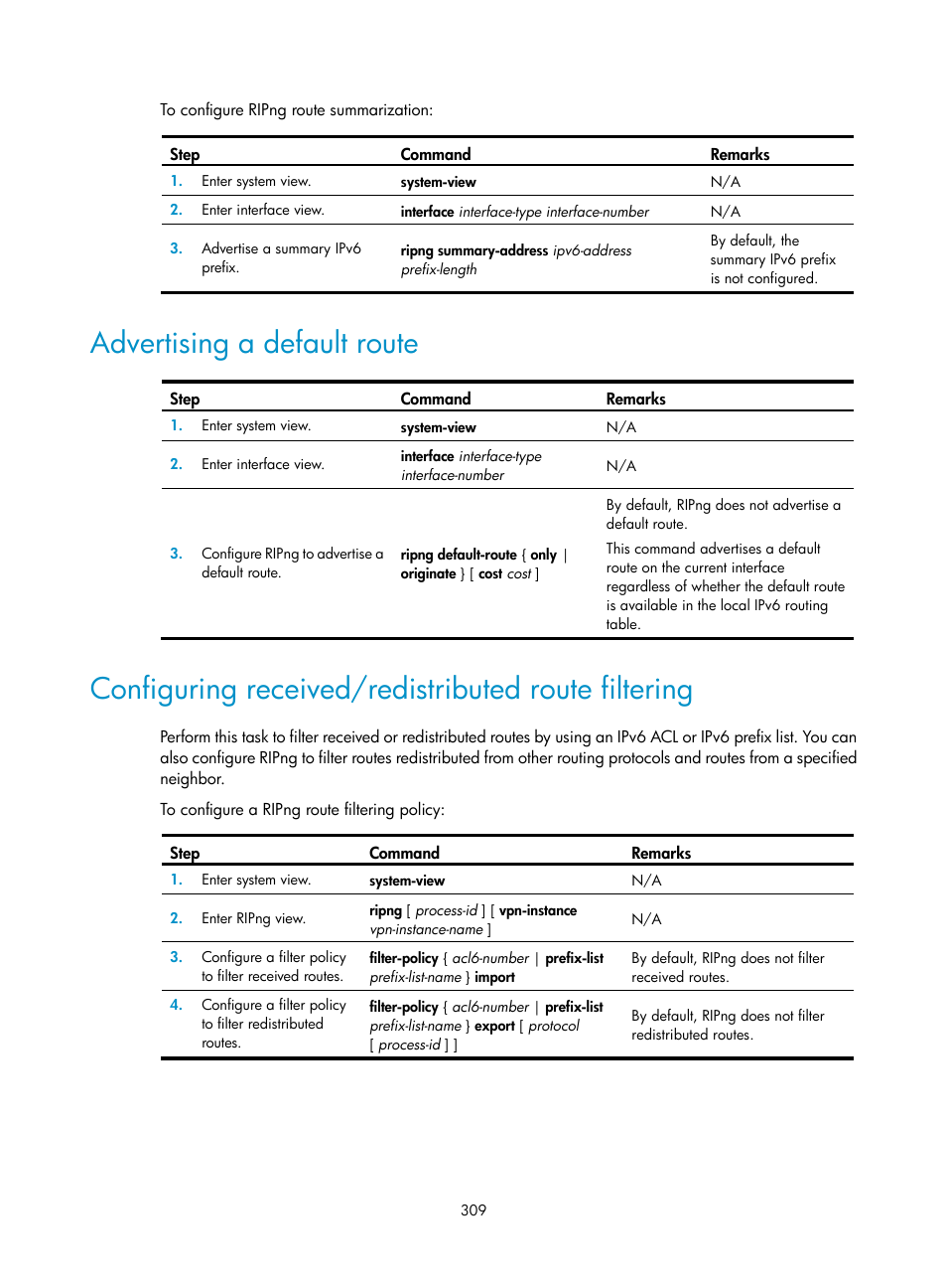 Advertising a default route, Configuring received/redistributed route filtering | H3C Technologies H3C S12500-X Series Switches User Manual | Page 323 / 442