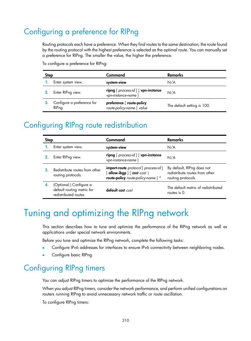 Tuning and optimizing the ripng network, Configuring a preference for ripng, Configuring ripng route redistribution | Configuring ripng timers | H3C Technologies H3C S12500-X Series Switches User Manual | Page 324 / 442