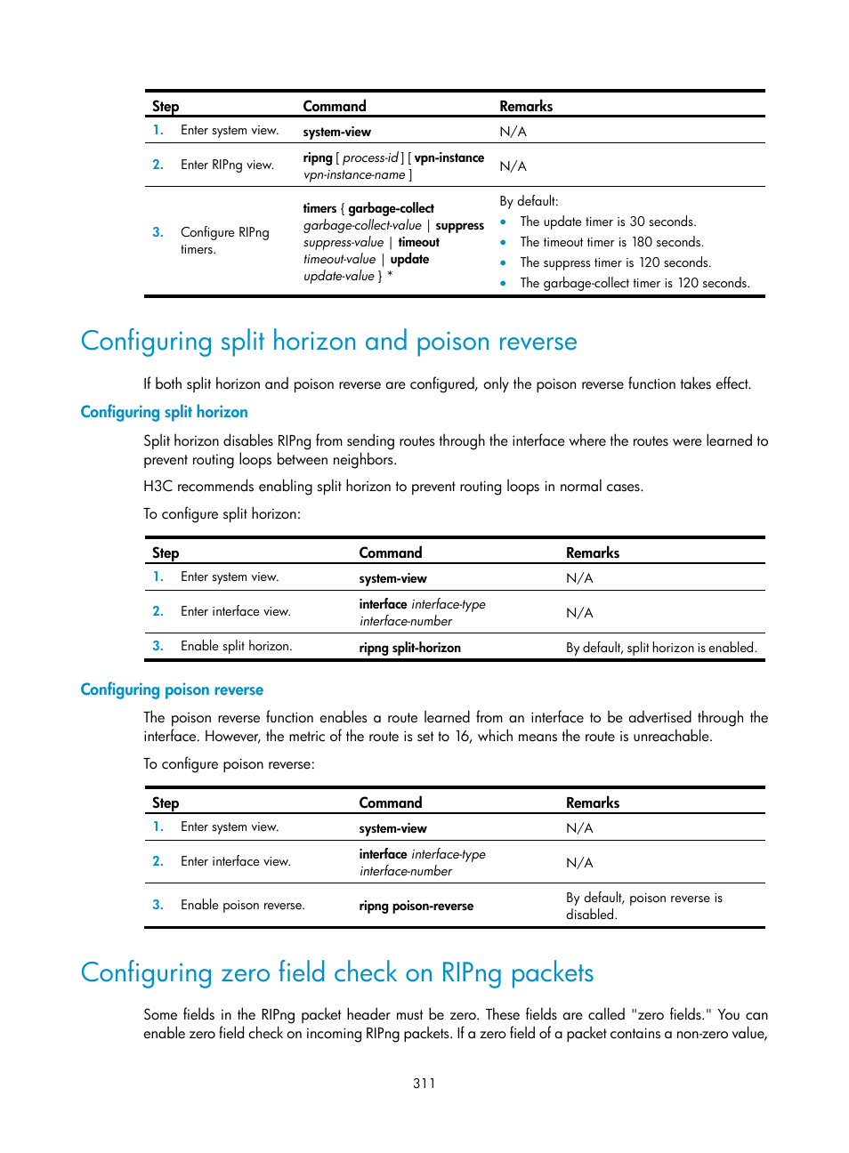 Configuring split horizon and poison reverse, Configuring zero field check on ripng packets | H3C Technologies H3C S12500-X Series Switches User Manual | Page 325 / 442