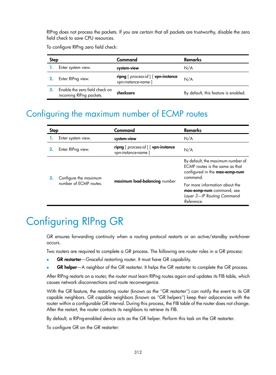 Configuring ripng gr, Configuring the maximum number of ecmp routes | H3C Technologies H3C S12500-X Series Switches User Manual | Page 326 / 442