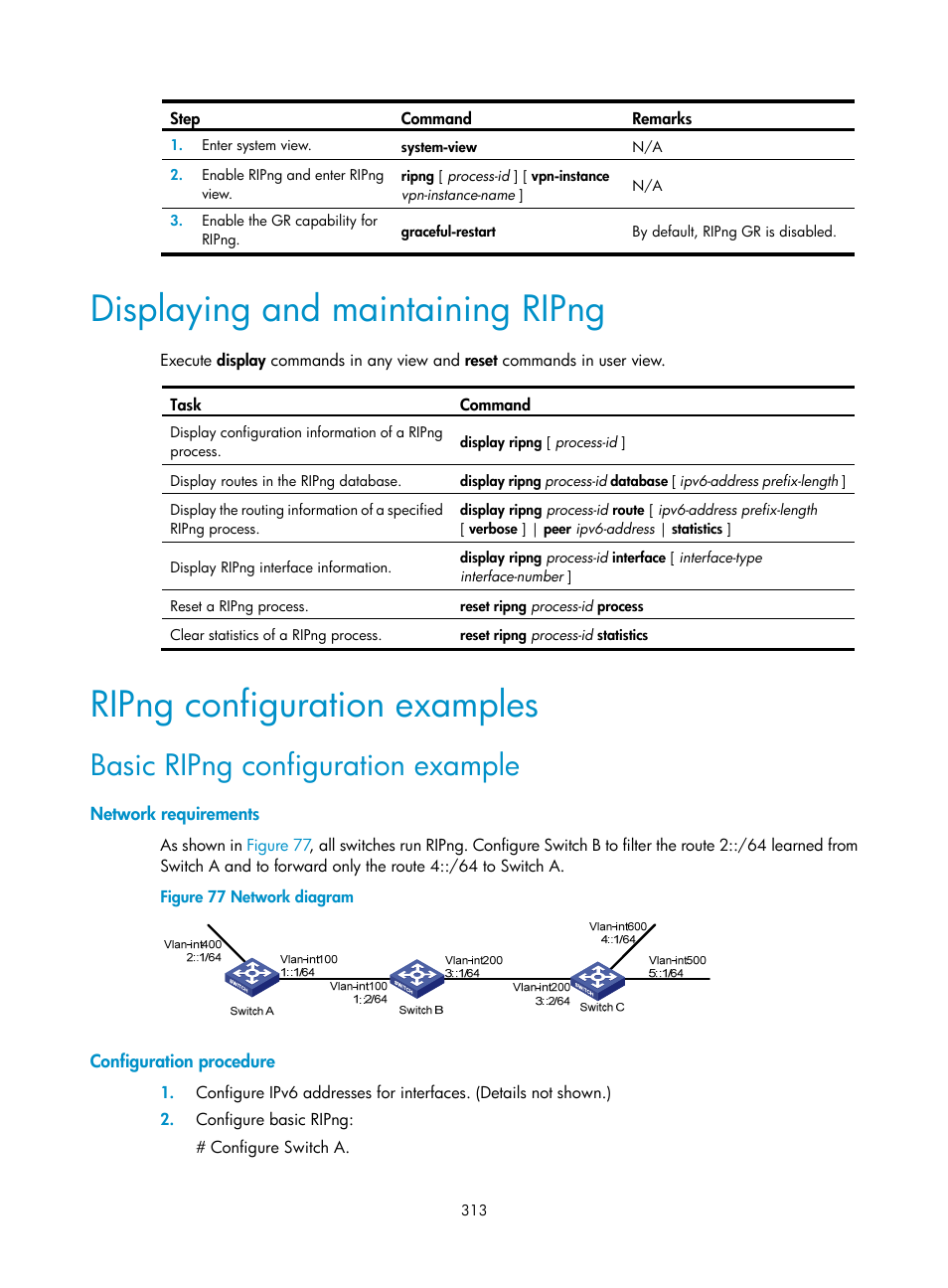 Configuring a large-scale bgp network, Configuring bgp community, Displaying and maintaining ripng | Ripng configuration examples, Basic ripng configuration example | H3C Technologies H3C S12500-X Series Switches User Manual | Page 327 / 442