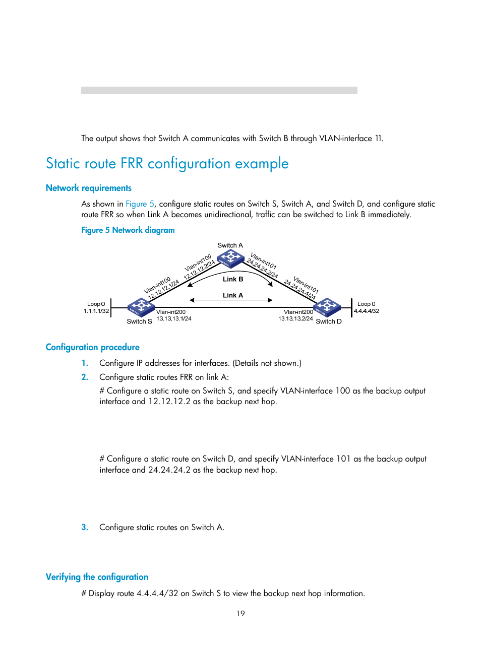 Static route frr configuration example | H3C Technologies H3C S12500-X Series Switches User Manual | Page 33 / 442