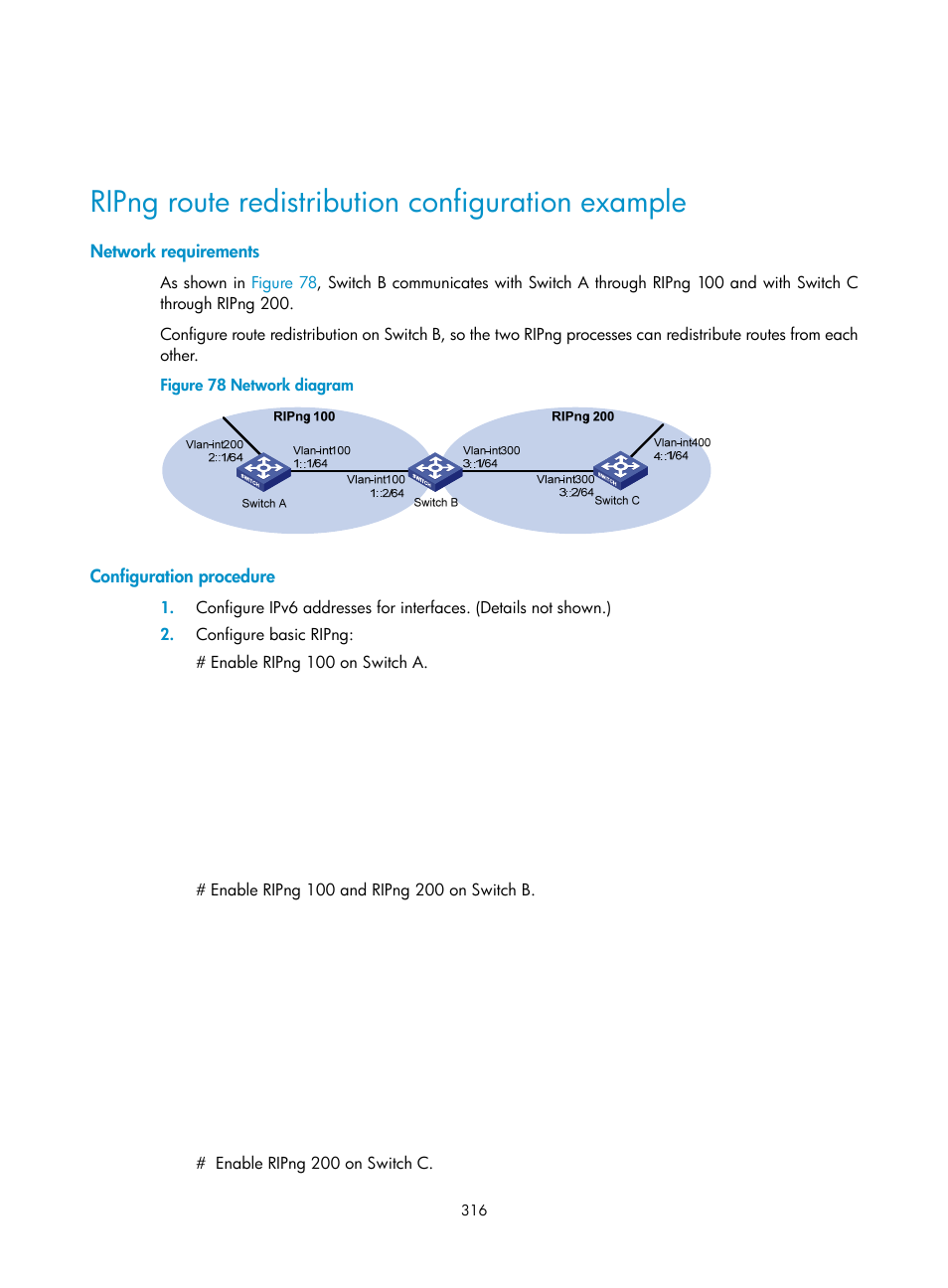 Ripng route redistribution configuration example | H3C Technologies H3C S12500-X Series Switches User Manual | Page 330 / 442