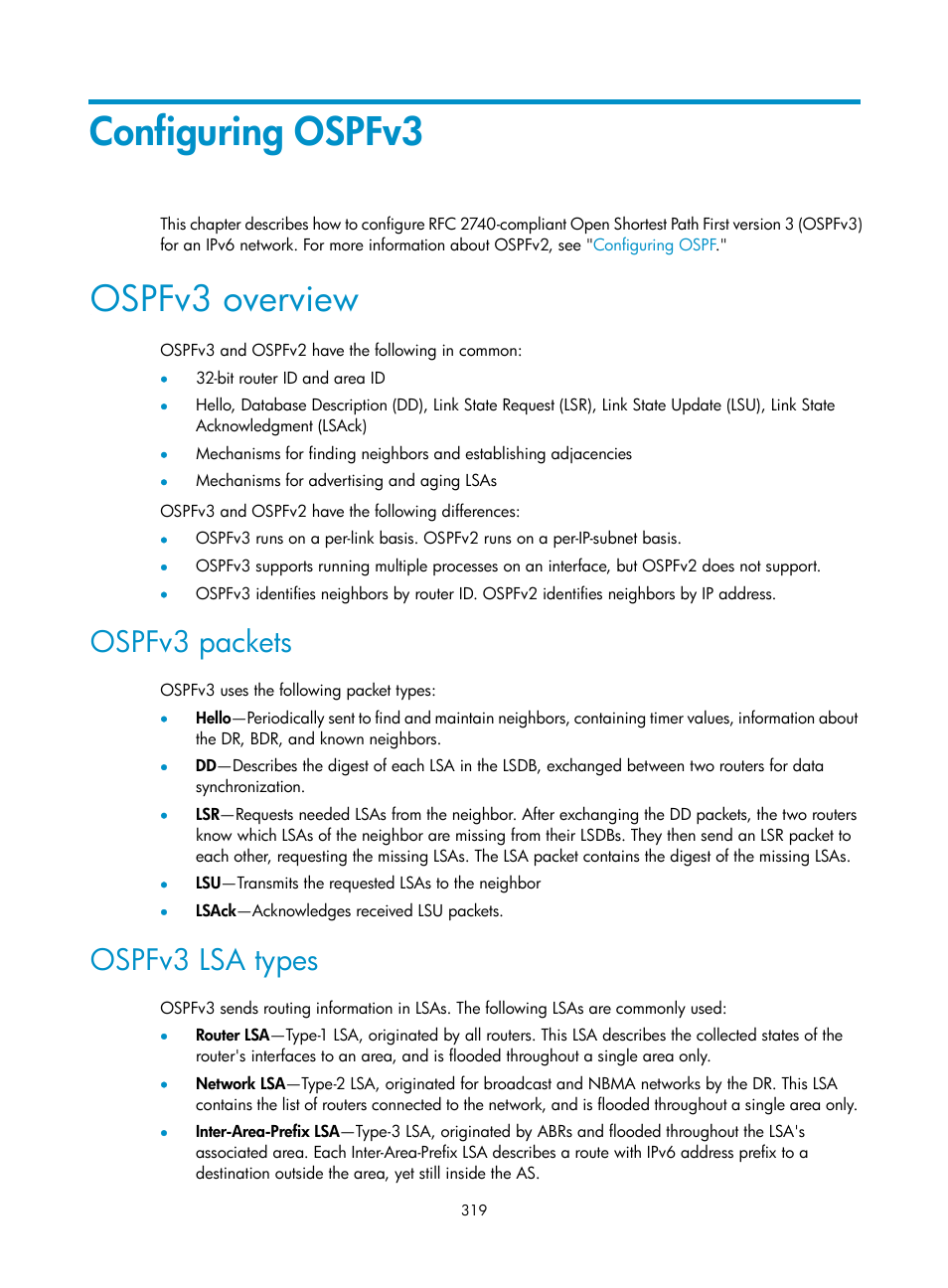 Configuring bgp gr, Configuring ospfv3, Ospfv3 overview | Ospfv3 packets, Ospfv3 lsa types | H3C Technologies H3C S12500-X Series Switches User Manual | Page 333 / 442