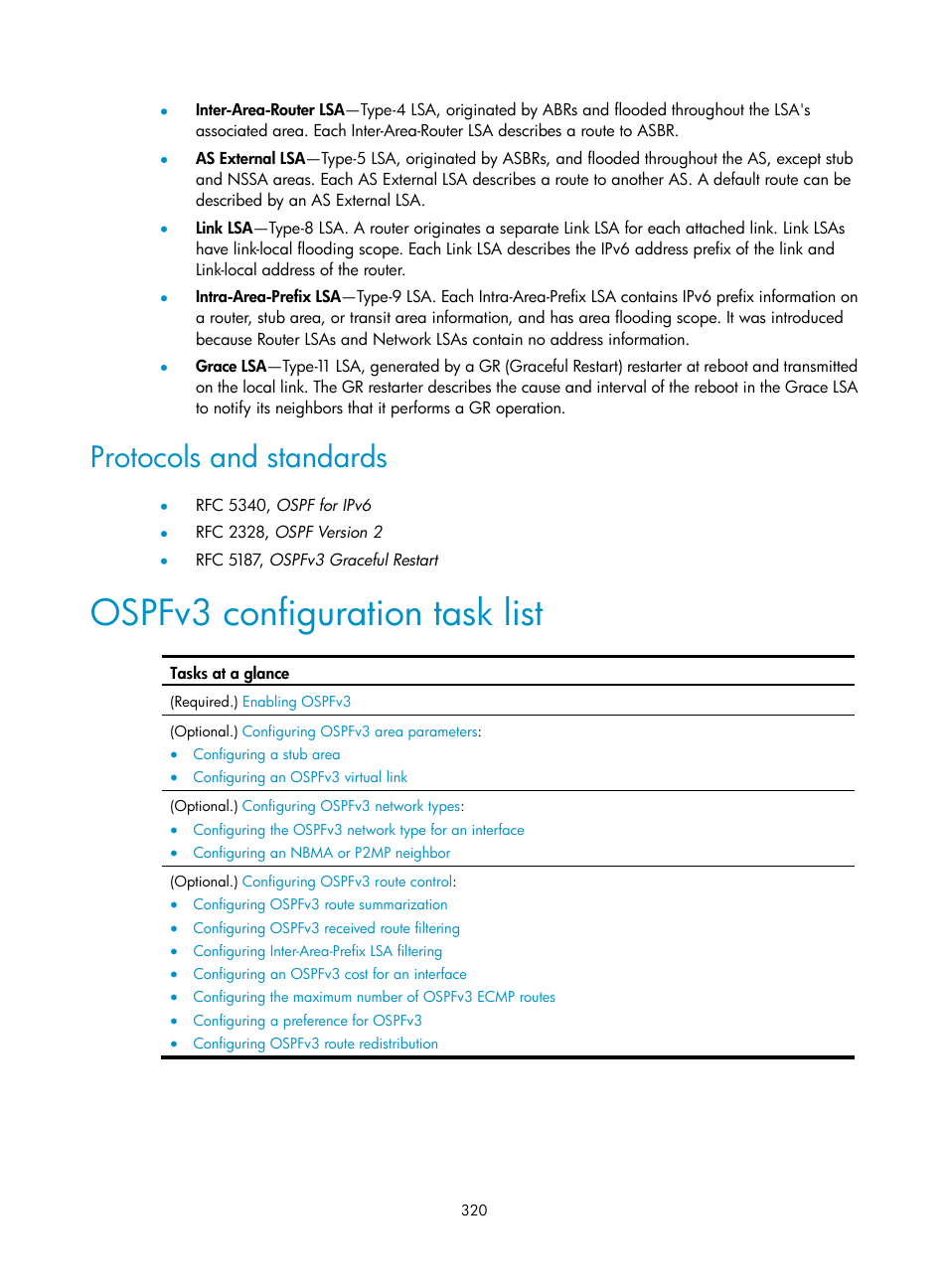 Ospfv3 configuration task list, Protocols and standards | H3C Technologies H3C S12500-X Series Switches User Manual | Page 334 / 442