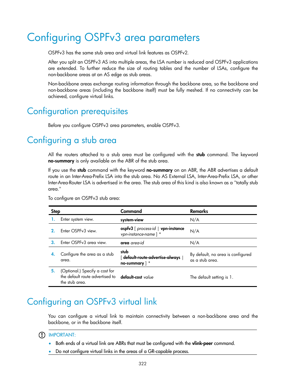 Configuring bfd for bgp, Configuring ospfv3 area parameters, Configuration prerequisites | Configuring a stub area, Configuring an ospfv3 virtual link | H3C Technologies H3C S12500-X Series Switches User Manual | Page 336 / 442