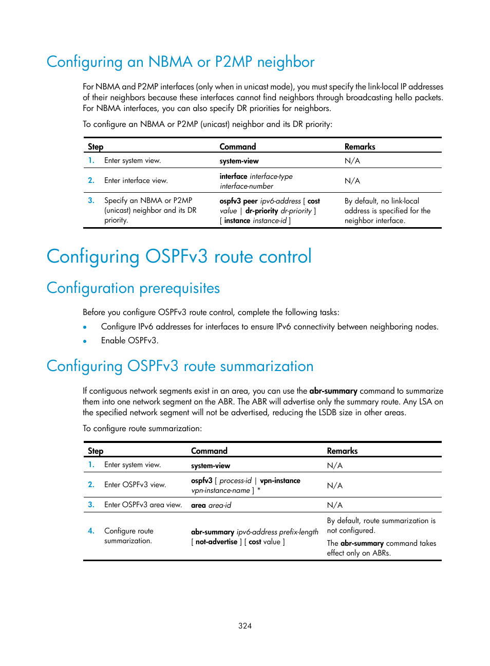 Displaying and maintaining bgp, Configuring ospfv3 route control, Configuring an nbma or p2mp neighbor | Configuration prerequisites, Configuring ospfv3 route summarization | H3C Technologies H3C S12500-X Series Switches User Manual | Page 338 / 442