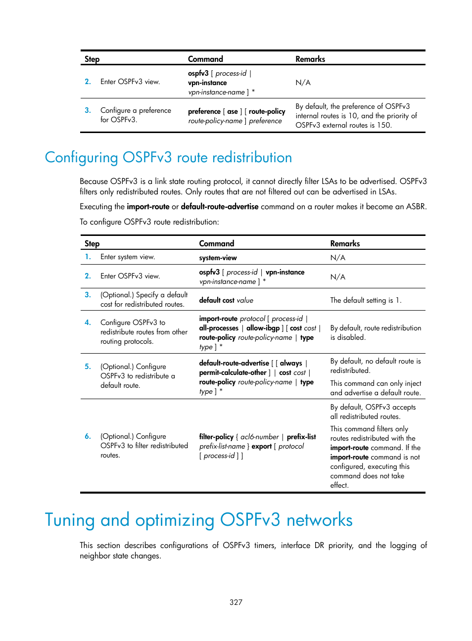 Ipv4 bgp configuration examples, Basic bgp configuration example, Tuning and optimizing ospfv3 networks | Configuring ospfv3 route redistribution | H3C Technologies H3C S12500-X Series Switches User Manual | Page 341 / 442