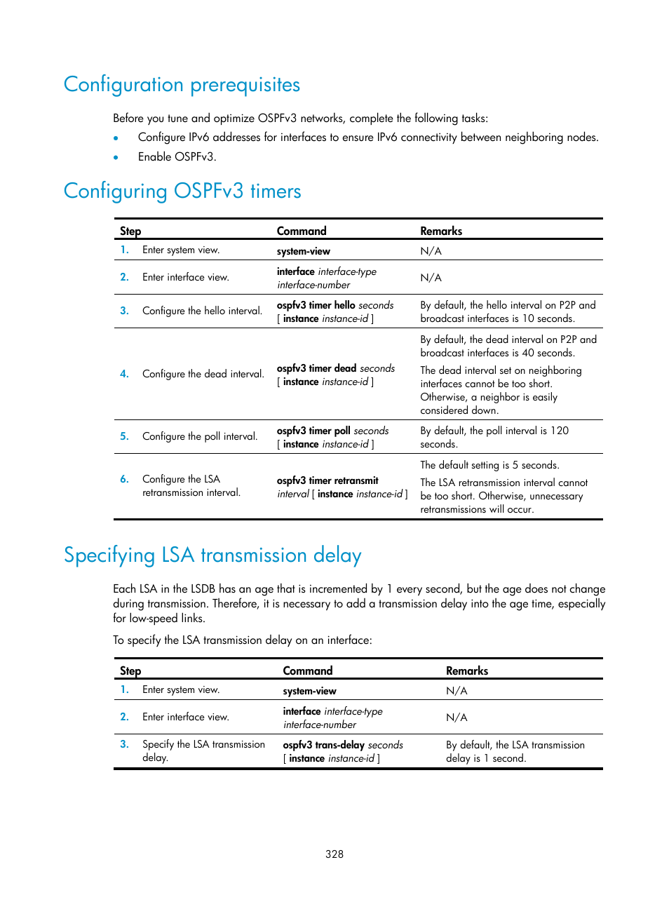 Configuration prerequisites, Configuring ospfv3 timers, Specifying lsa transmission delay | H3C Technologies H3C S12500-X Series Switches User Manual | Page 342 / 442