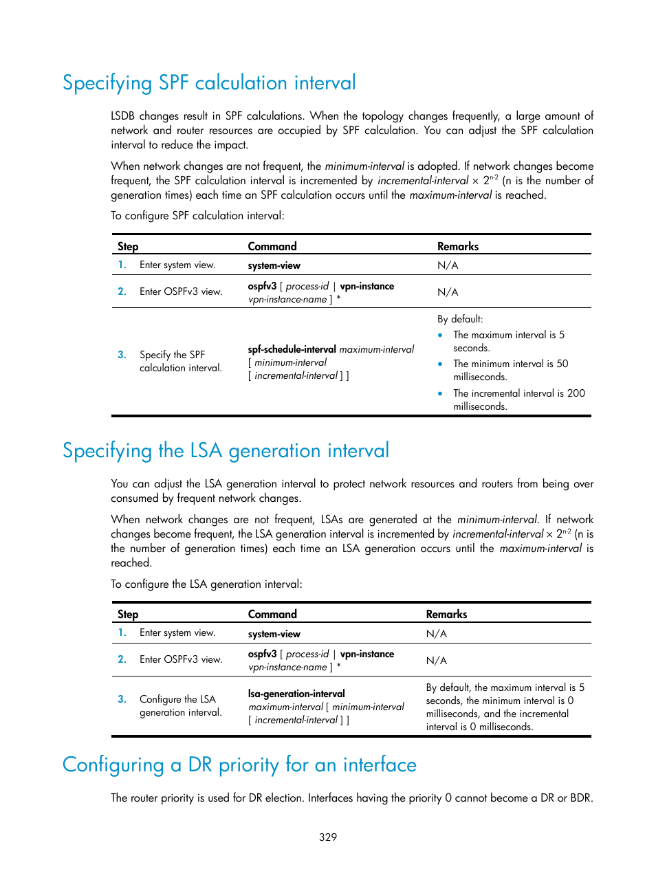 Specifying spf calculation interval, Specifying the lsa generation interval, Configuring a dr priority for an interface | H3C Technologies H3C S12500-X Series Switches User Manual | Page 343 / 442