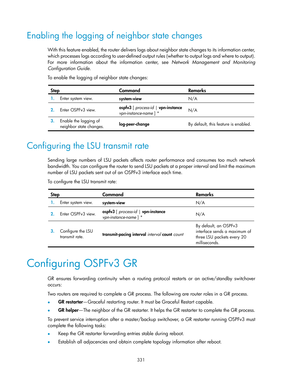 Configuring ospfv3 gr, Enabling the logging of neighbor state changes, Configuring the lsu transmit rate | H3C Technologies H3C S12500-X Series Switches User Manual | Page 345 / 442