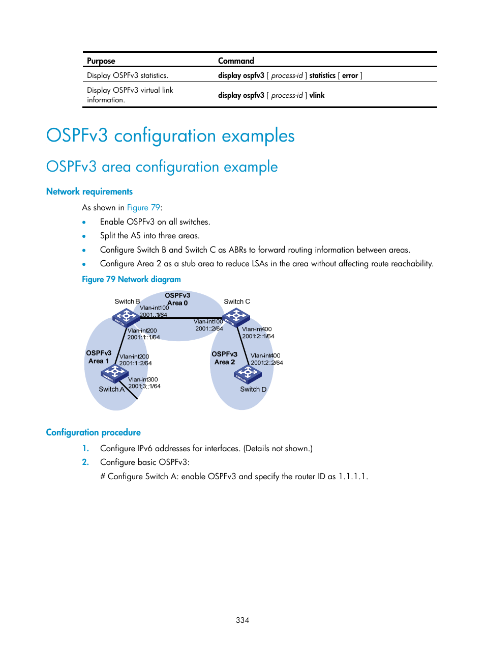 Ospfv3 configuration examples, Ospfv3 area configuration example | H3C Technologies H3C S12500-X Series Switches User Manual | Page 348 / 442