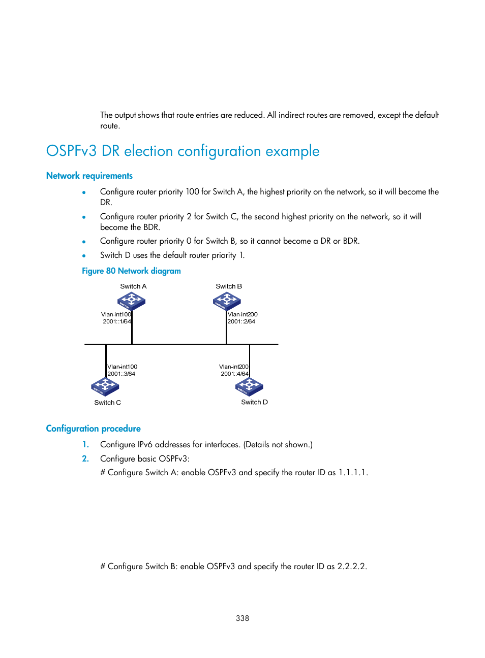 Bgp load balancing configuration example, Ospfv3 dr election configuration example | H3C Technologies H3C S12500-X Series Switches User Manual | Page 352 / 442