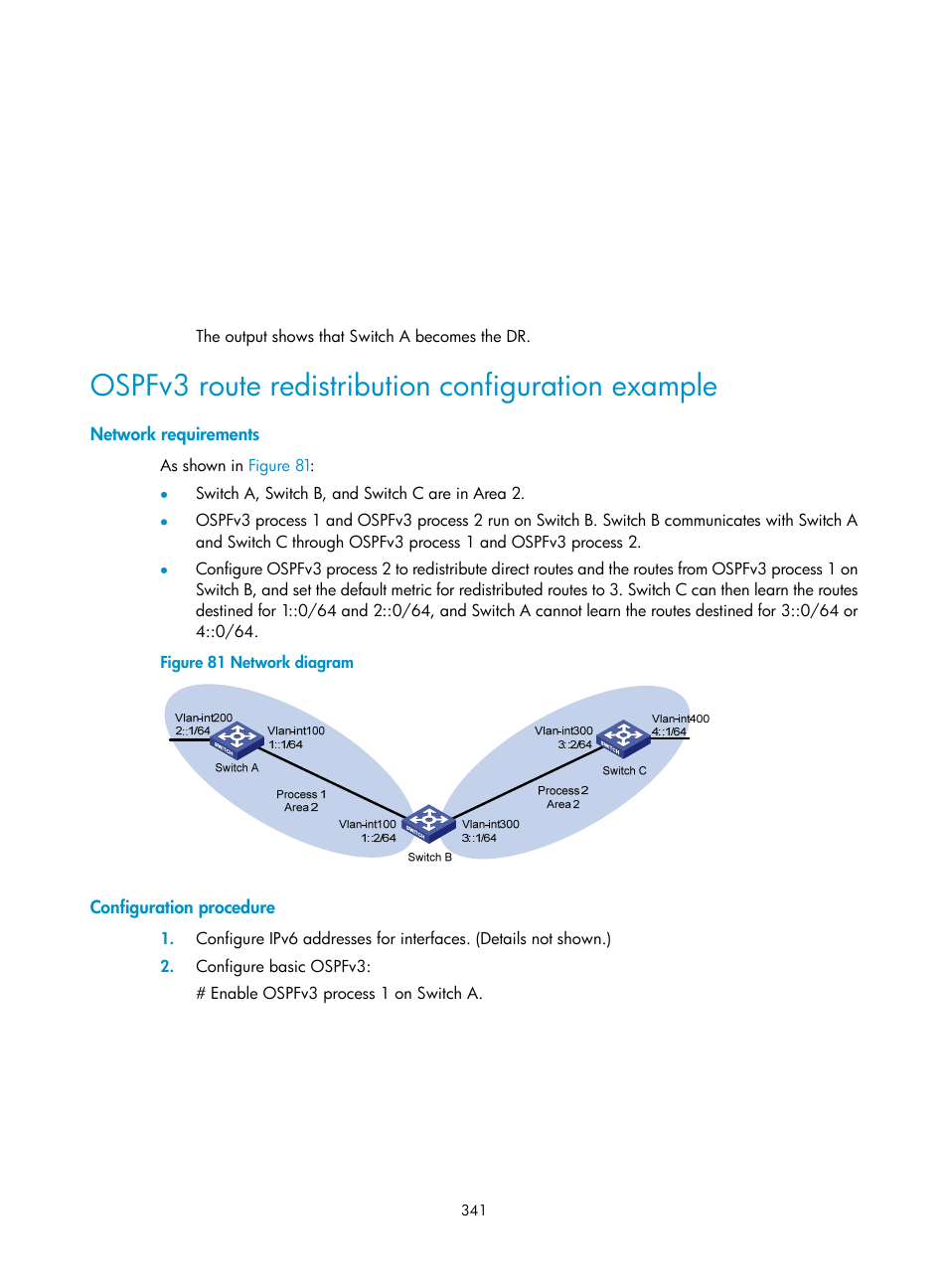 Ospfv3 route redistribution configuration example | H3C Technologies H3C S12500-X Series Switches User Manual | Page 355 / 442