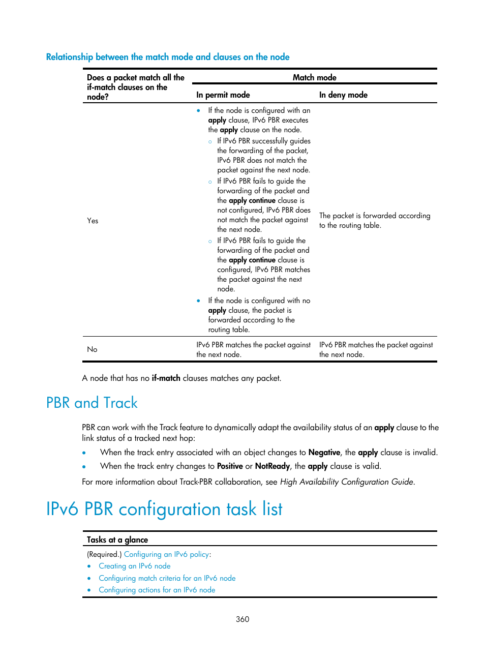 Ipv6 pbr configuration task list, Pbr and track | H3C Technologies H3C S12500-X Series Switches User Manual | Page 374 / 442