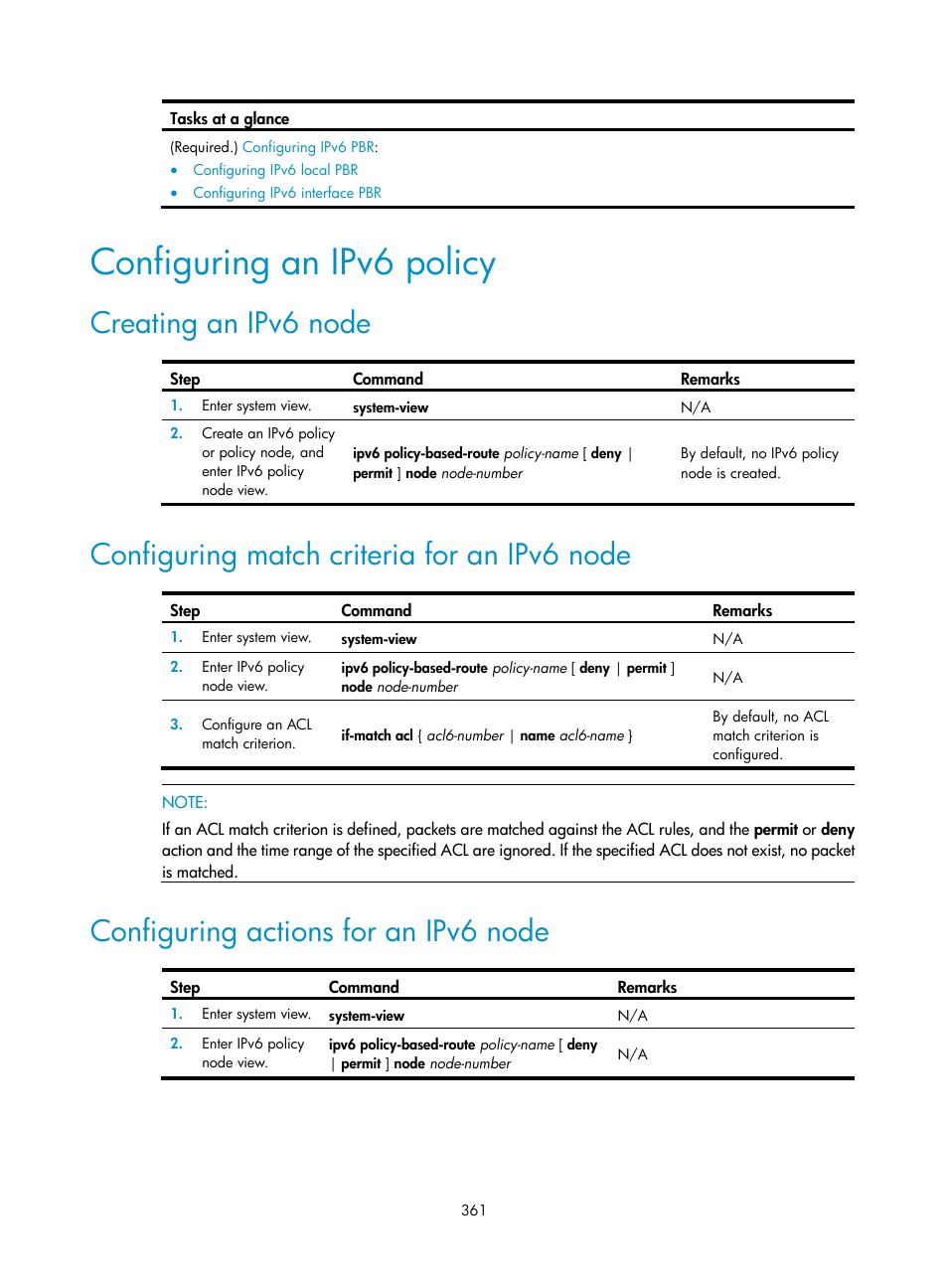 Configuring an ipv6 policy, Creating an ipv6 node, Configuring match criteria for an ipv6 node | Configuring actions for an ipv6 node | H3C Technologies H3C S12500-X Series Switches User Manual | Page 375 / 442