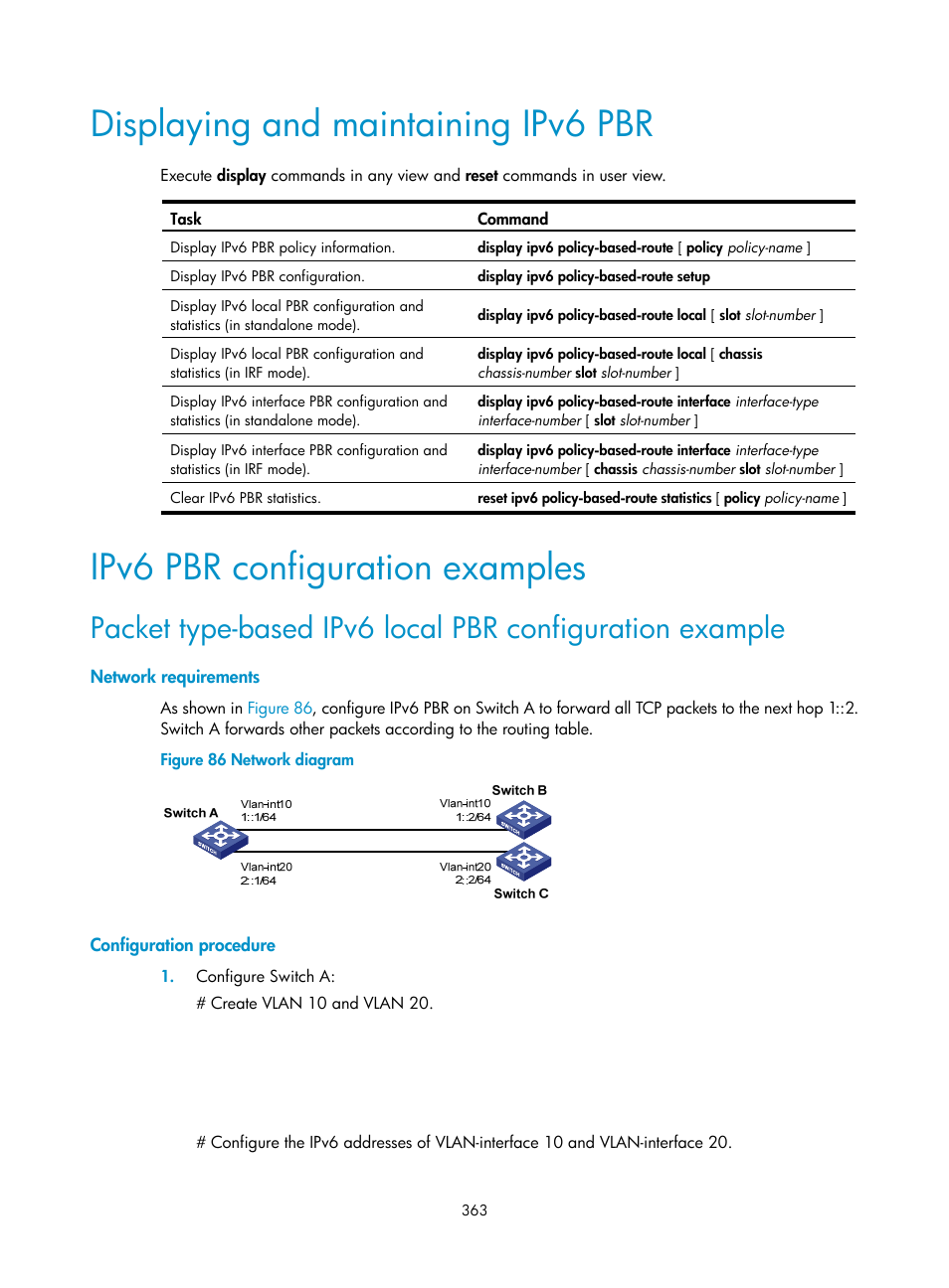 Ipv6 bgp basic configuration example, Displaying and maintaining ipv6 pbr, Ipv6 pbr configuration examples | H3C Technologies H3C S12500-X Series Switches User Manual | Page 377 / 442