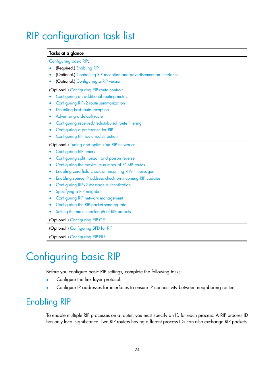 Rip configuration task list, Configuring basic rip, Enabling rip | H3C Technologies H3C S12500-X Series Switches User Manual | Page 38 / 442