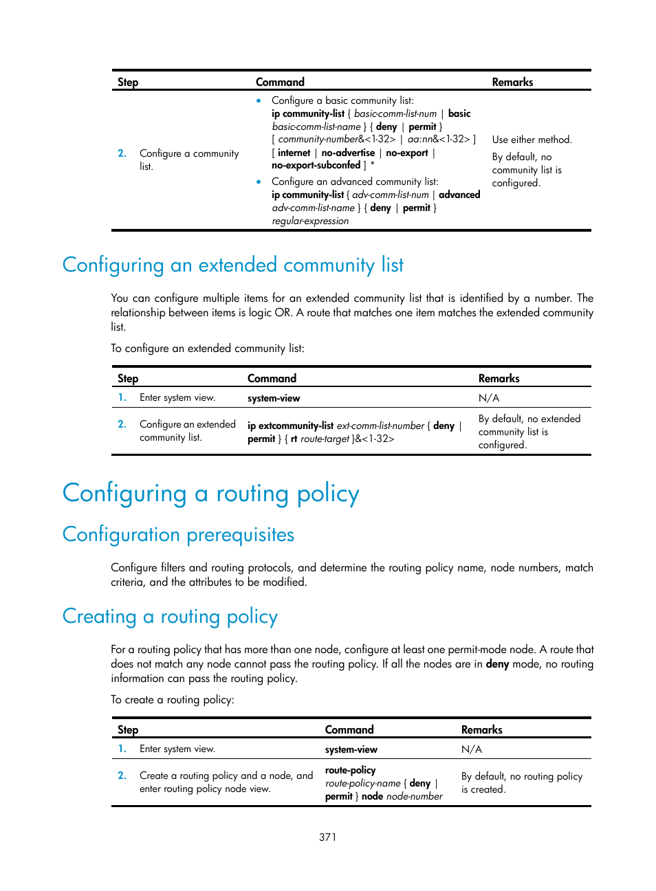 Configuring a routing policy, Configuring an extended community list, Configuration prerequisites | Creating a routing policy | H3C Technologies H3C S12500-X Series Switches User Manual | Page 385 / 442