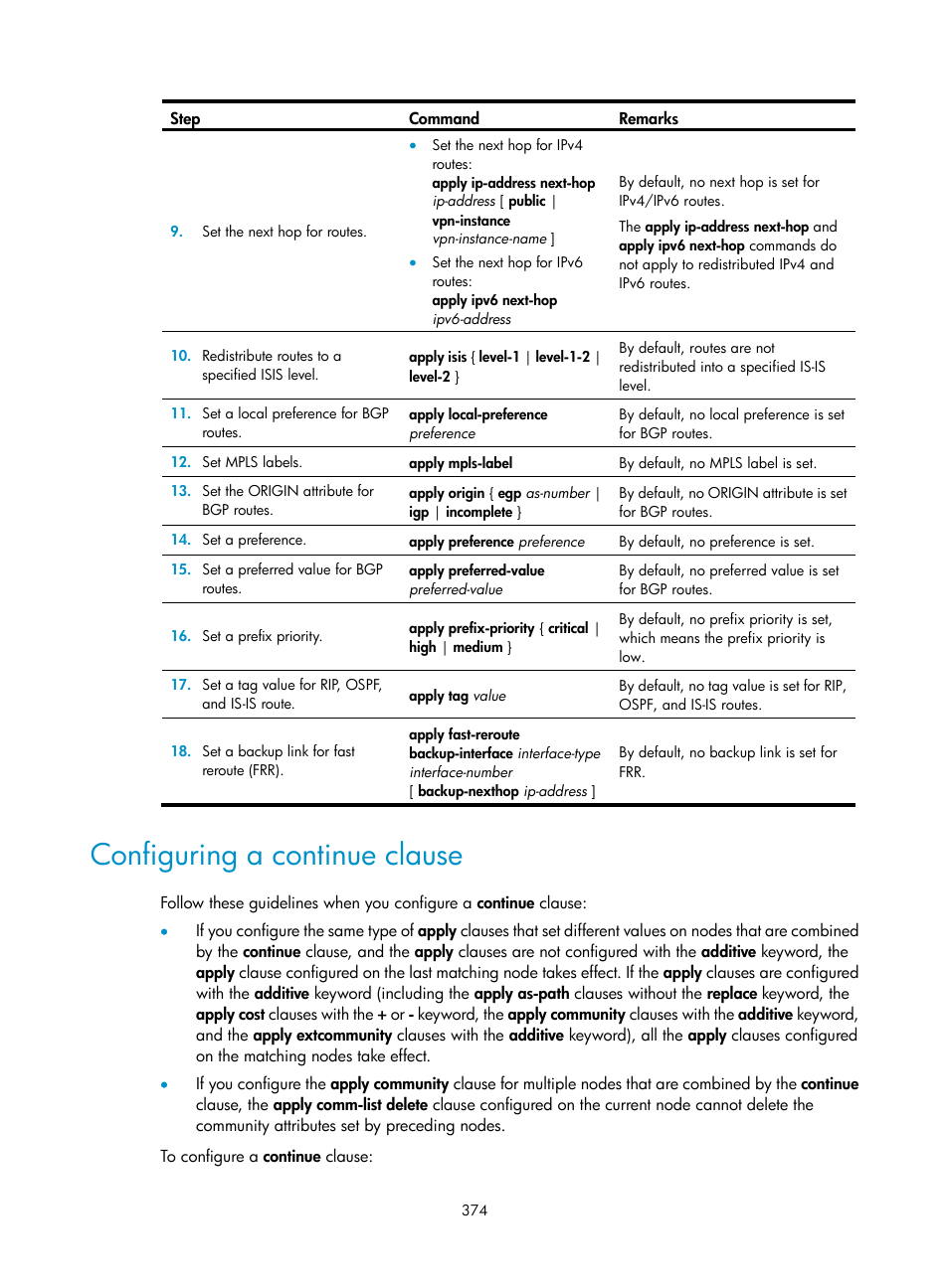 Configuring pbr, Introduction to pbr, Configuring a continue clause | H3C Technologies H3C S12500-X Series Switches User Manual | Page 388 / 442