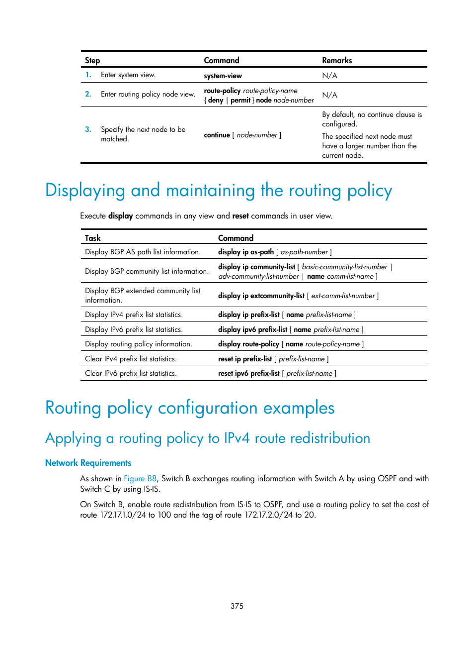 Policy, Displaying and maintaining the routing policy, Routing policy configuration examples | H3C Technologies H3C S12500-X Series Switches User Manual | Page 389 / 442