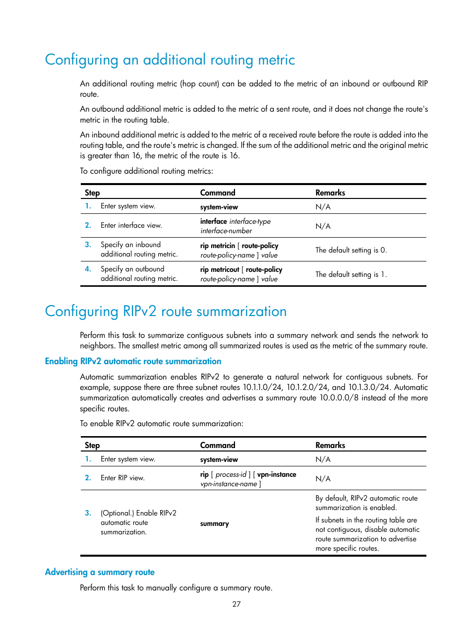 Configuring an additional ro uting metric, Configuring ripv2 route summarization | H3C Technologies H3C S12500-X Series Switches User Manual | Page 41 / 442