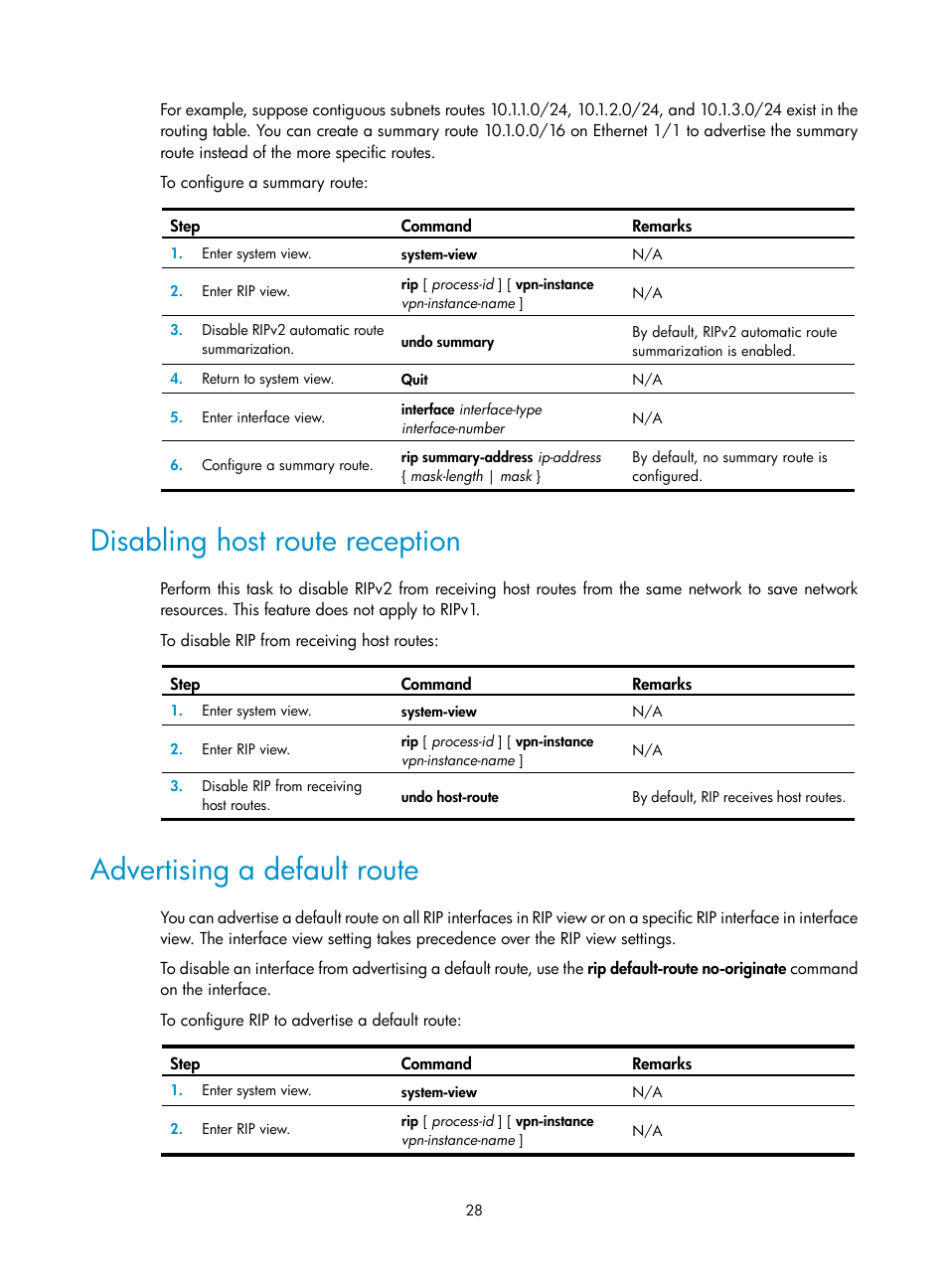 Disabling host route reception, Advertising a default route | H3C Technologies H3C S12500-X Series Switches User Manual | Page 42 / 442