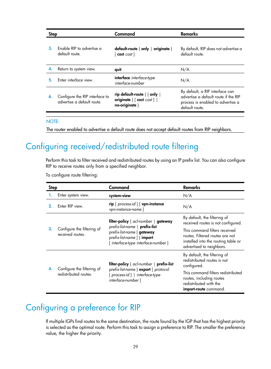 Configuring received/redistributed route filtering, Configuring a preference for rip | H3C Technologies H3C S12500-X Series Switches User Manual | Page 43 / 442