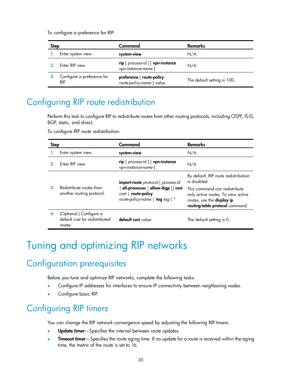 Tuning and optimizing rip networks, Configuring rip route redistribution, Configuration prerequisites | Configuring rip timers | H3C Technologies H3C S12500-X Series Switches User Manual | Page 44 / 442