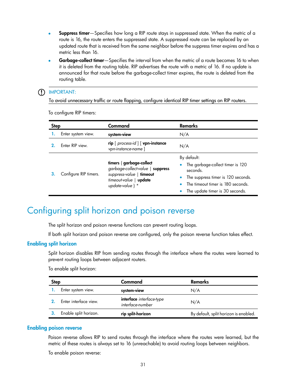 Configuring split horizon and poison reverse | H3C Technologies H3C S12500-X Series Switches User Manual | Page 45 / 442