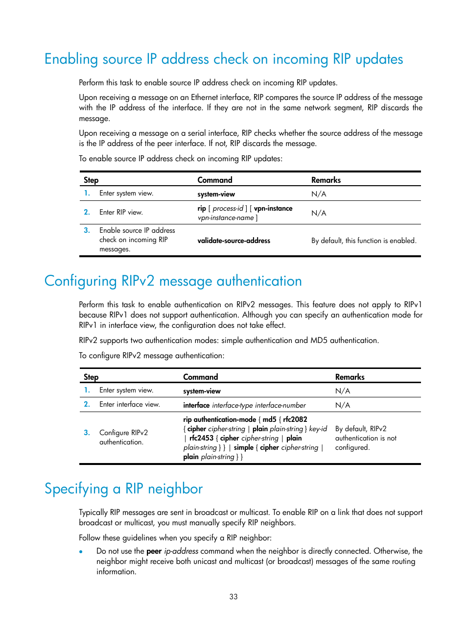 Configuring ripv2 message authentication, Specifying a rip neighbor | H3C Technologies H3C S12500-X Series Switches User Manual | Page 47 / 442