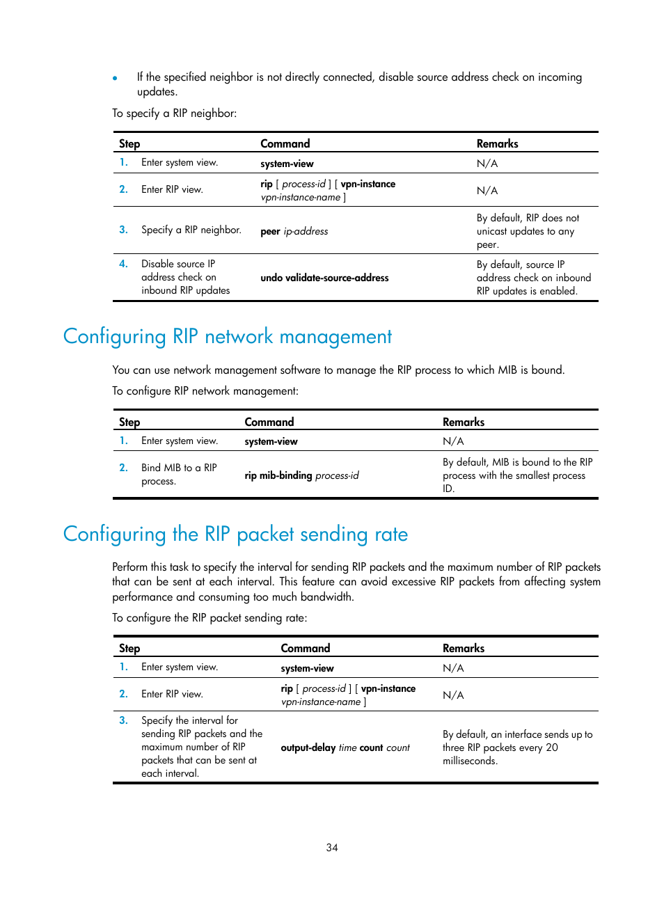 Configuring rip network management, Configuring the rip packet sending rate | H3C Technologies H3C S12500-X Series Switches User Manual | Page 48 / 442