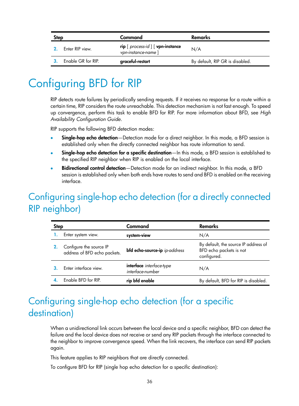 Configuring bfd for rip | H3C Technologies H3C S12500-X Series Switches User Manual | Page 50 / 442