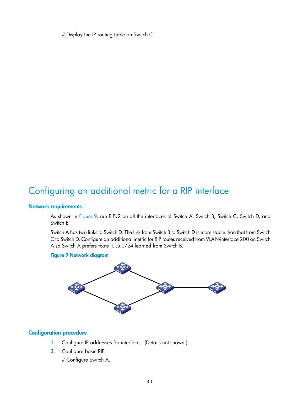 Tuning and optimizing rip networks, Configuration prerequisites, Configuring rip timers | Network requirements, Configuration procedure | H3C Technologies H3C S12500-X Series Switches User Manual | Page 57 / 442