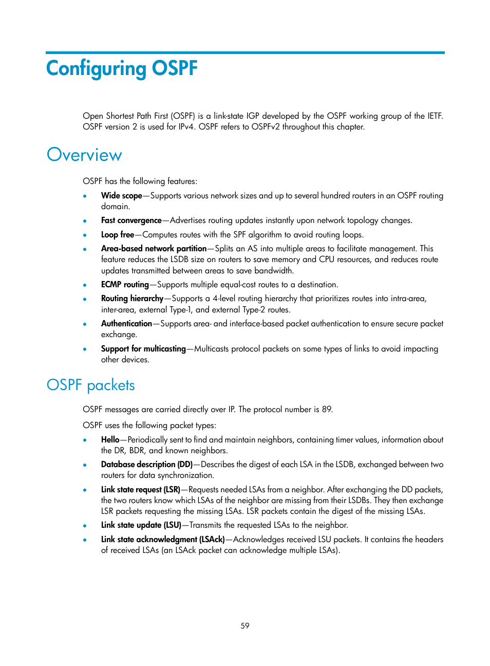 Configuring ospf, Overview, Ospf packets | H3C Technologies H3C S12500-X Series Switches User Manual | Page 73 / 442