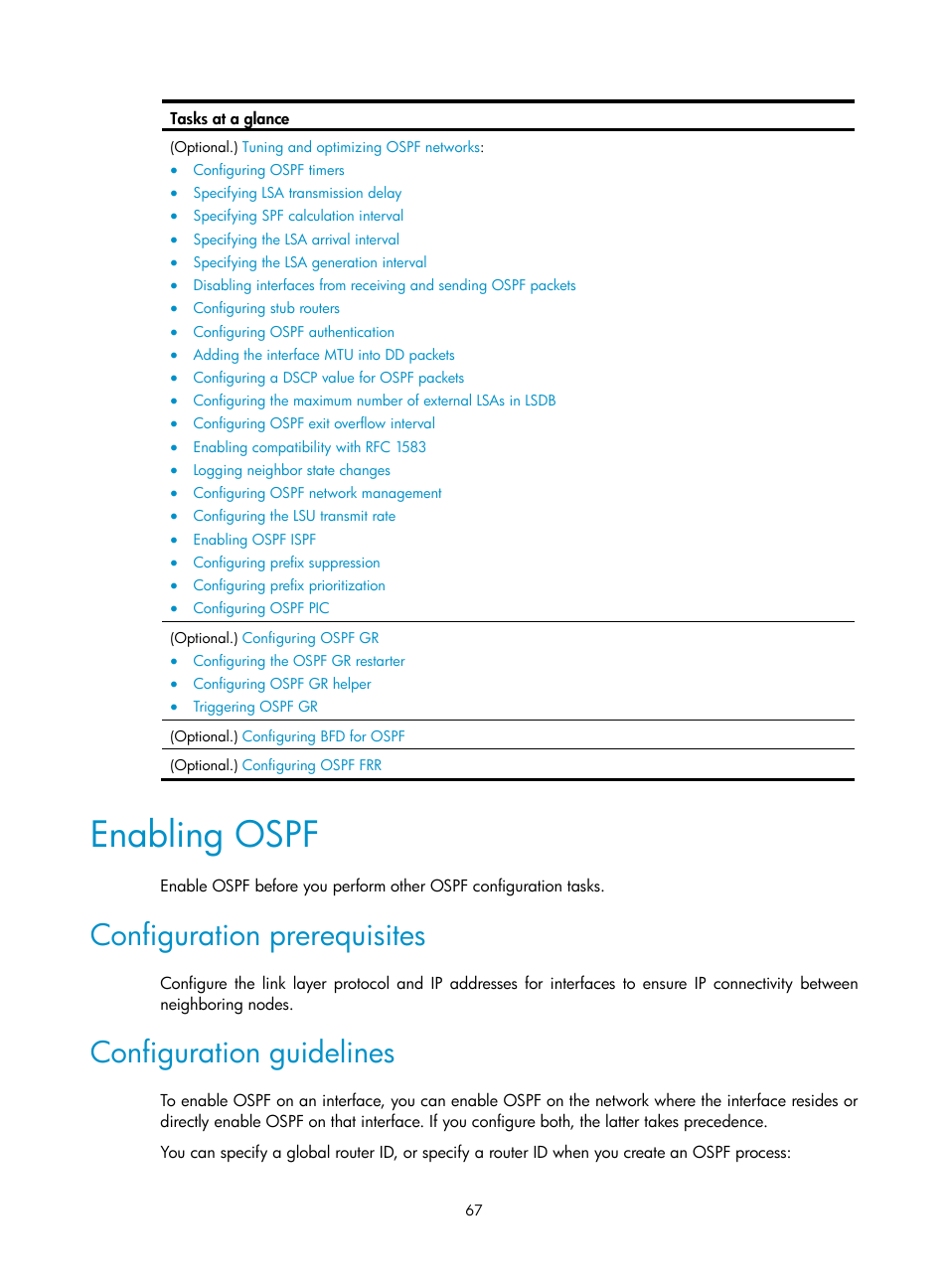 Enabling ospf, Configuration prerequisites, Configuration guidelines | H3C Technologies H3C S12500-X Series Switches User Manual | Page 81 / 442