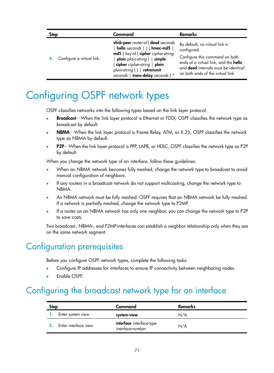 Configuring ospf network types, Configuration prerequisites | H3C Technologies H3C S12500-X Series Switches User Manual | Page 85 / 442