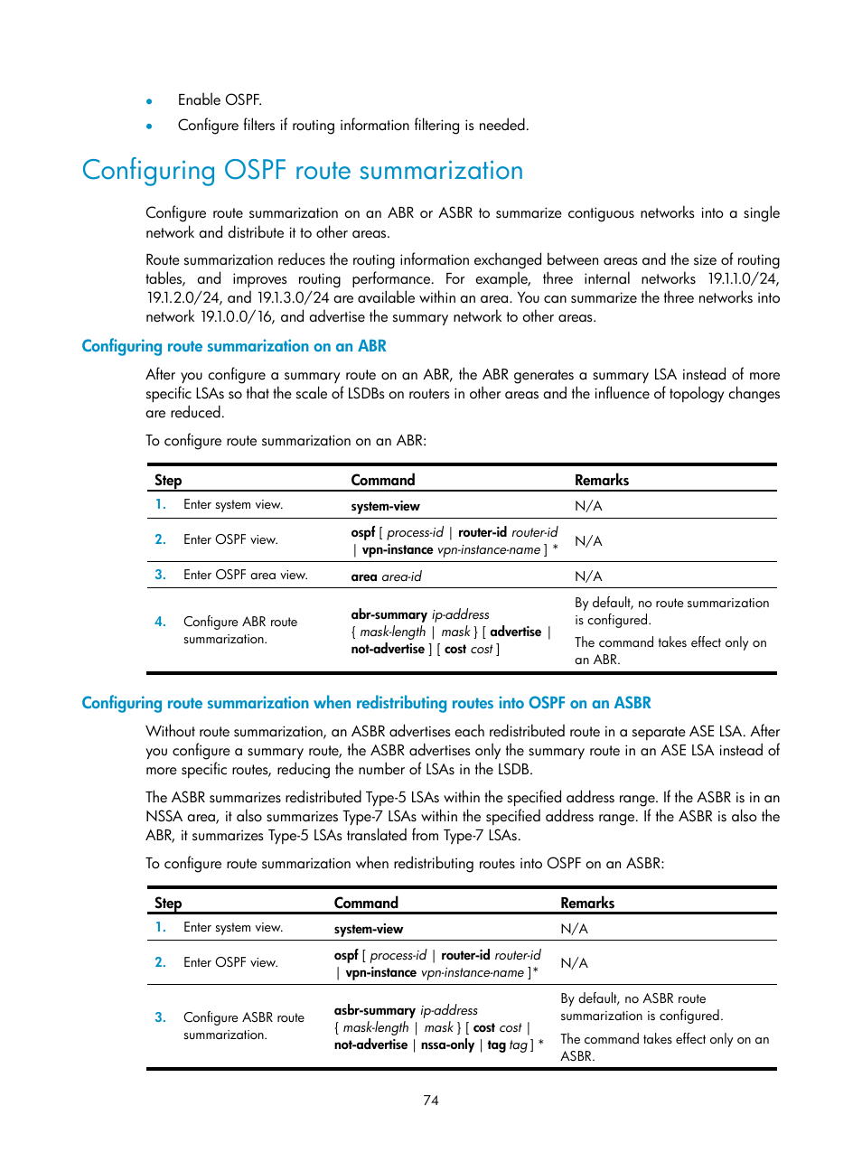 Configuring ospf route summarization | H3C Technologies H3C S12500-X Series Switches User Manual | Page 88 / 442