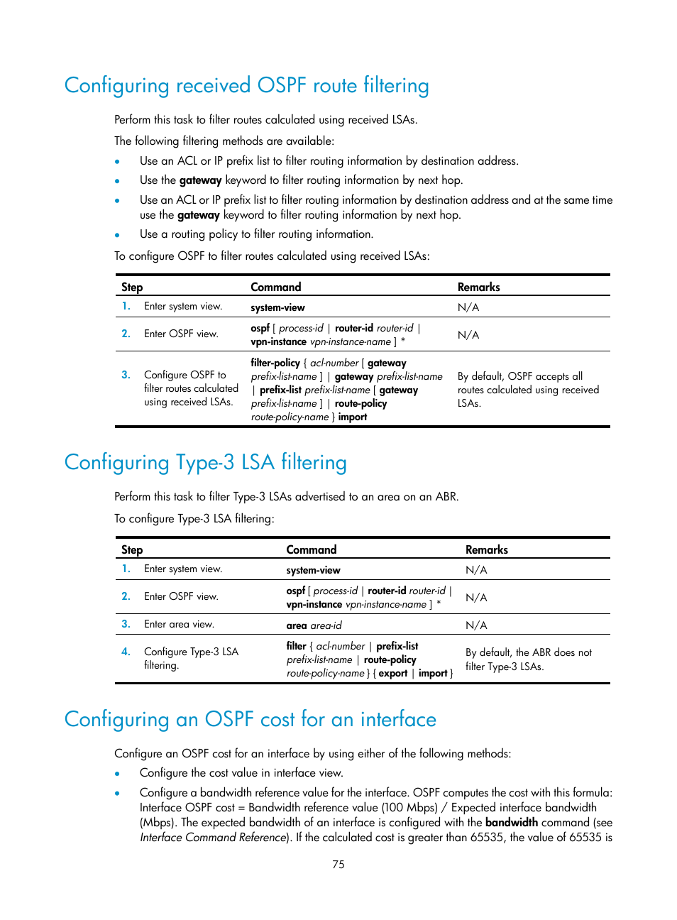 Configuring received ospf route filtering, Configuring type-3 lsa filtering, Configuring an ospf cost for an interface | H3C Technologies H3C S12500-X Series Switches User Manual | Page 89 / 442