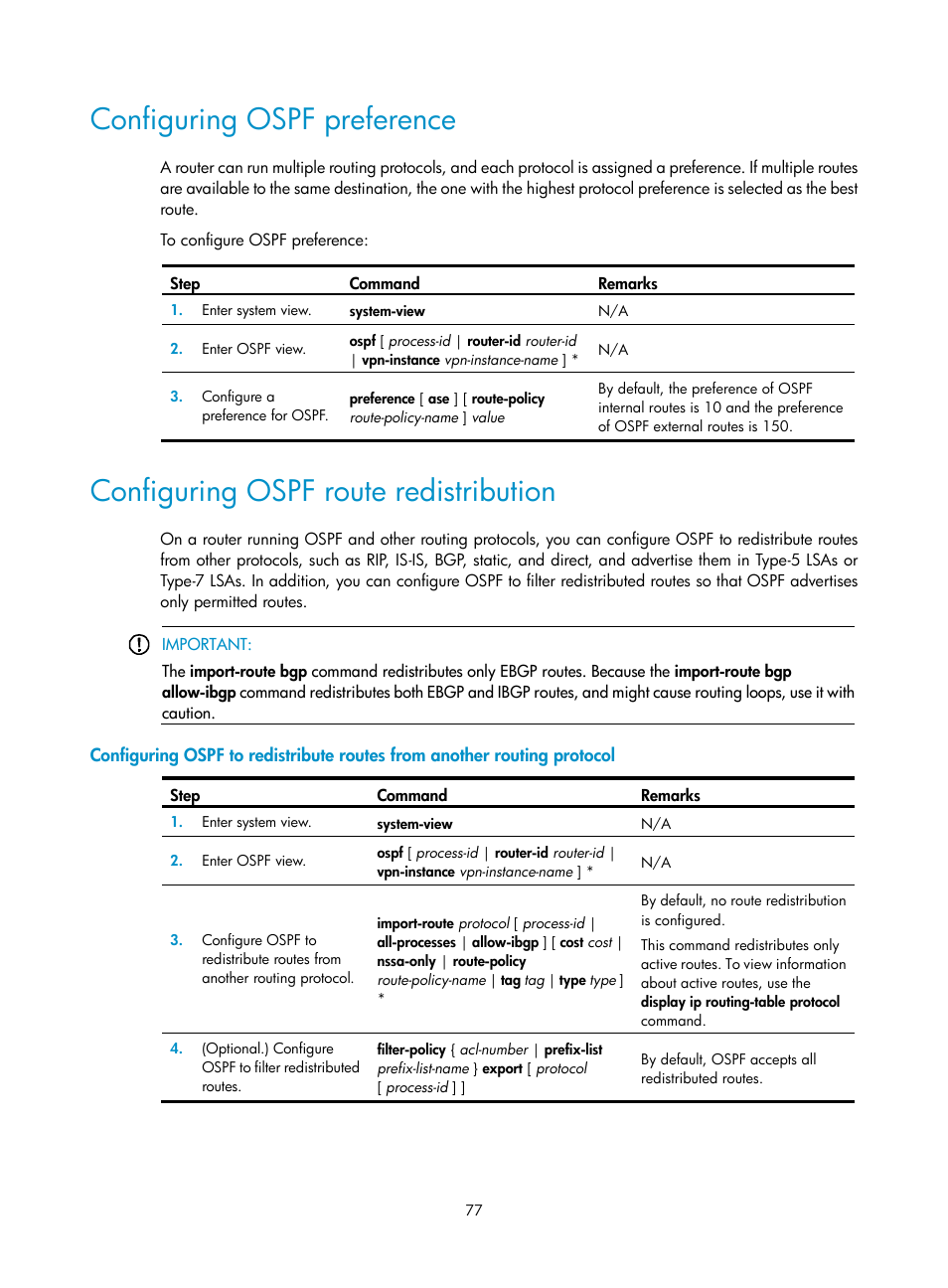 Configuring ospf preference, Configuring ospf route redistribution | H3C Technologies H3C S12500-X Series Switches User Manual | Page 91 / 442