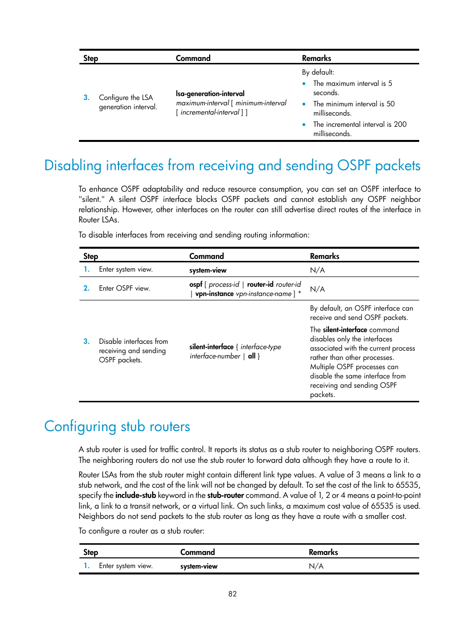 Ospf areas, Configuring stub routers | H3C Technologies H3C S12500-X Series Switches User Manual | Page 96 / 442