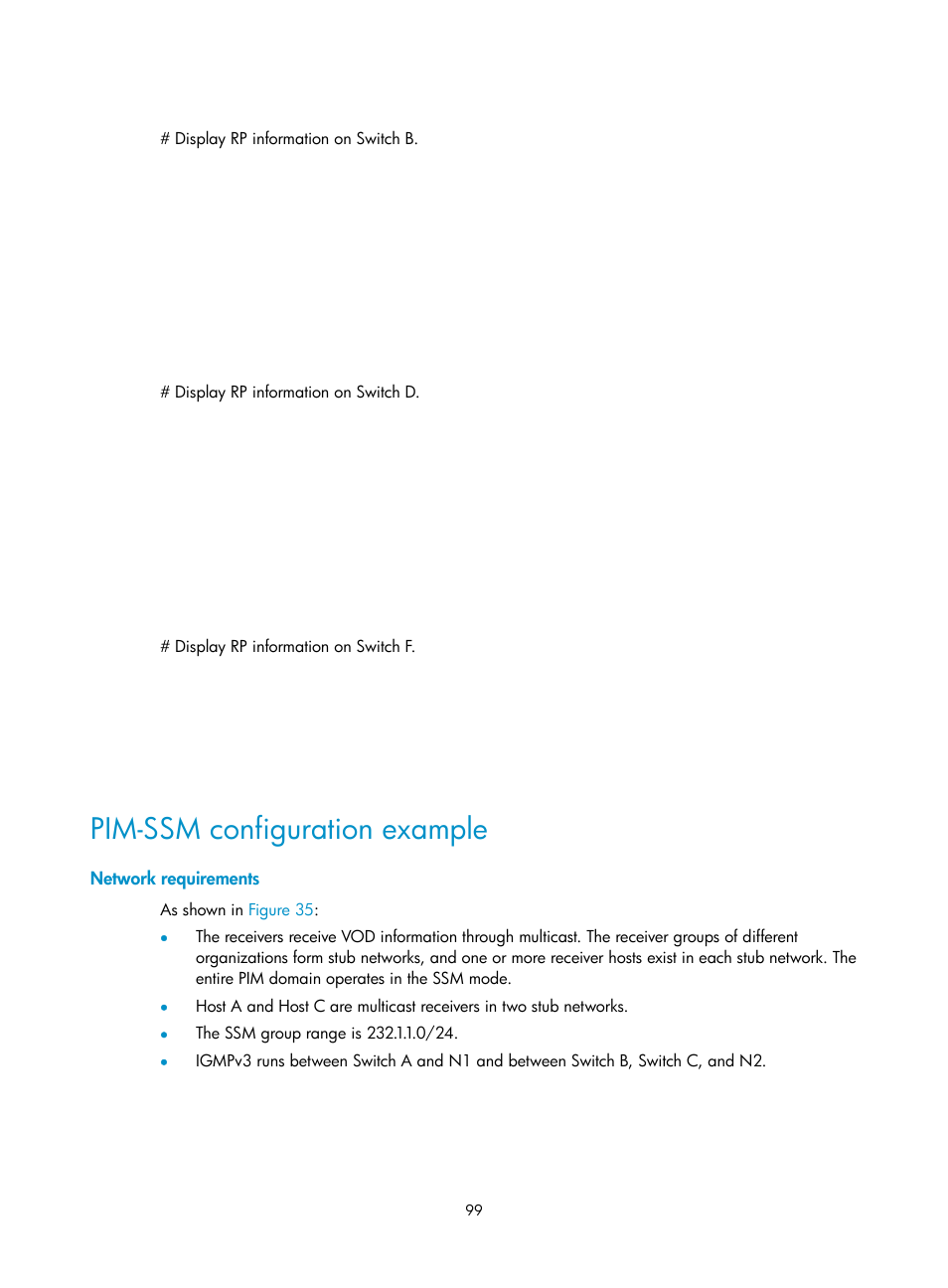 Pim-ssm configuration example, Network requirements, Configuration prerequisites | Enabling pim-dm, Enabling the state refresh feature | H3C Technologies H3C S12500-X Series Switches User Manual | Page 109 / 226