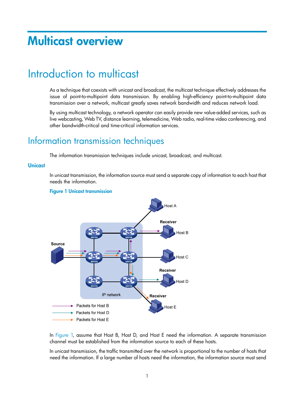 Multicast overview, Introduction to multicast, Information transmission techniques | Unicast | H3C Technologies H3C S12500-X Series Switches User Manual | Page 11 / 226