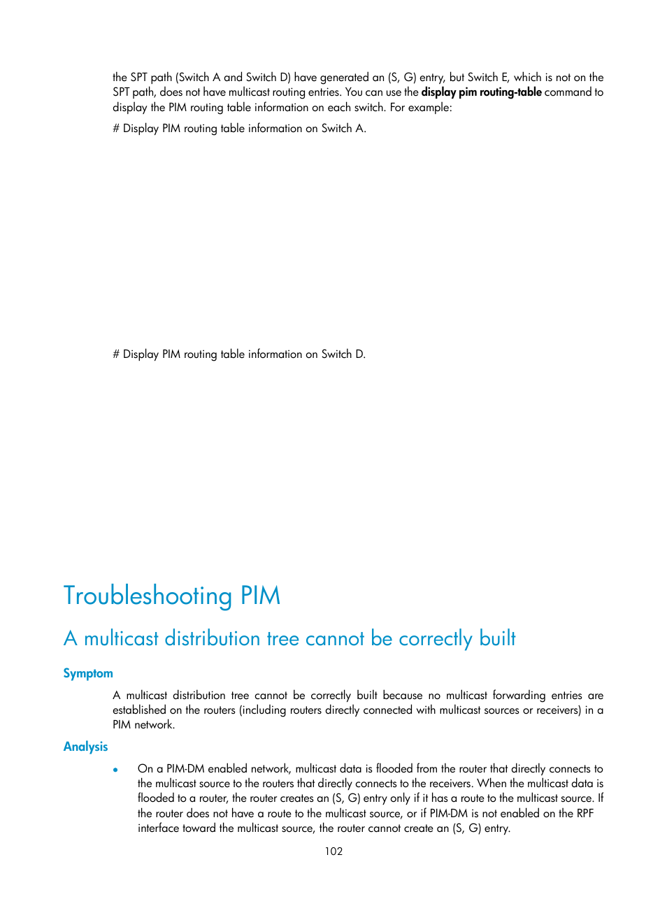 Troubleshooting pim, Symptom, Analysis | Pim-sm configuration task list, Configuration prerequisites, Enabling pim-sm | H3C Technologies H3C S12500-X Series Switches User Manual | Page 112 / 226